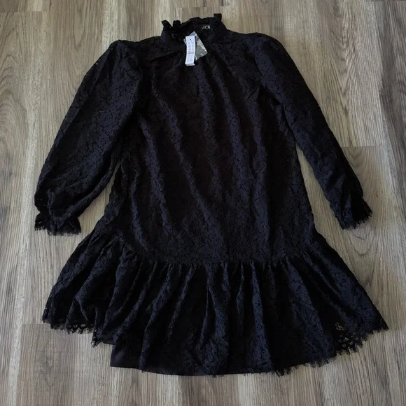 NWT J.Crew Ruffleneck Lace Dress in Black XS -  www.threedaughtersproperties.com